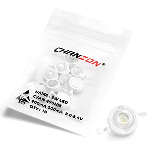 CHANZON 10 pcs High Power Led Chip on Board 3W Cyan 490nm | (400mA - 500mA / DC 3V - 3.4V / 3 Watt) Super Bright Intensity SMD COB Light Emitter Components Diode Bead DIY - color: G) Cyan (490nm)