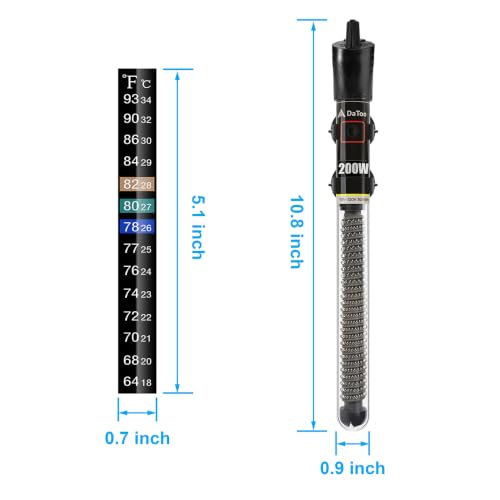 DaToo Mini Aquarium Heater 200W Small Fish Tank Heater 200 Watt with Free Thermometer Sticker(200W) - size: 200W