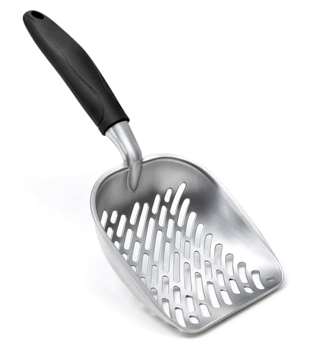 Cat Litter Scoop, Large Long Handle Kitty Metal Scooper | Heavy Duty Aluminum Deep Sifter, Ergonomic Non-Slip Grip, Rustproof Durable Poop Cleaner for Cat Litter Box - color: Black, size: Large