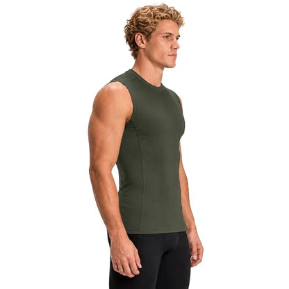 DEVOPS 3 Pack Men's Compression Shirts Sleeveless Tank Top Baselayer | Gym Training, Running, Moisture Wicking, Compression Fit, 4-Way Stretch, UPF 50+, Sleeveless - color: 1# (3 Pack) Black / Navy / Olive, size: XX-Large