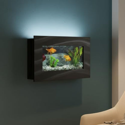 3.0 Wall Mounted Fish Tank Kit with LED Lighting, Built-in Filter System, Modern Space-Saving Design, Complete Accessories Set (View, Black)