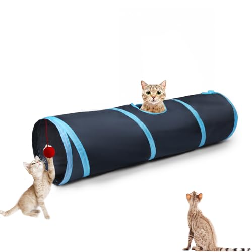 Cat Tunnel Tube Toys，Tunnels for Indoor Cats, 2 Way Foldable | Interactive Pet Crinkle Pop Up Tunnel with Balls Peek Hole Hideaway for Rabbits, Kittens, Ferrets, Puppy Playing & Exploring - color: 2 Way Black Blue
