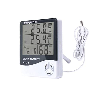 Temperature Humidity Meter,LCD Electronic Digital Outdoor/Indoor Thermometer Hygrometer with Clock Time Humidity Monitor for Home,Bedroom,Pet,Reptile,Plant,Greenhouse,Basement,Guitar (HTC-2)