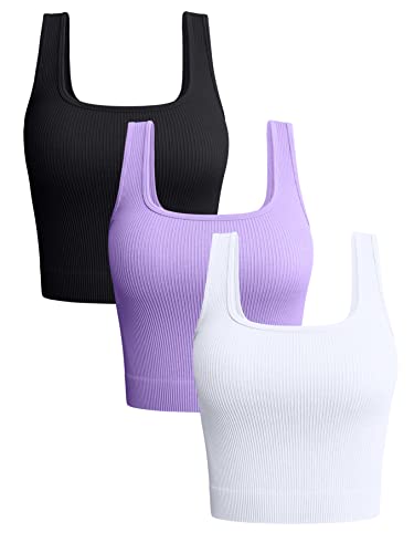 OQQ Women's 3 Piece Tank Tops Ribbed Seamless Workout Exercise Shirts 2025 Summer Basic Camis - color: Black Lavender White, size: X-Large