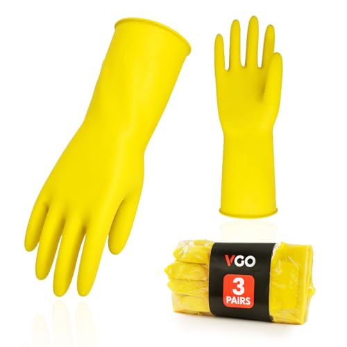 Vgo... 3-Pairs Reusable Household Gloves, Rubber Dishwashing gloves, Extra Thickness, Long Sleeves, Kitchen Cleaning, Working, Painting, Gardening, Pet Care (Size XL, Yellow, HH4601) | yellow,extra Thickness,kitchen,dishwashing,household,painting,gardenin