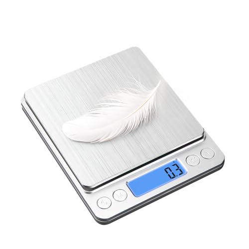Small Digital Food Scale Ounce/OZ and Gram Scale, Kitchen Scale 3000g/0.1g High Precision for Baking, Soap Making, Jewelry, Includes 2 Trays and Batteries, 9 Units, Tare Function, Easy to Store - color: Silver