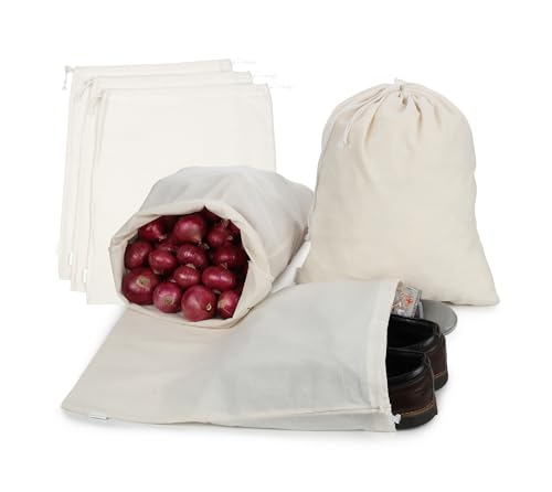 Cotton Storage Bags – X-Large 14x18 Inch (6-Pack) – Reusable Muslin Bags with Drawstrings – Biodegradable Canvas Fabric Sacks – Perfect for Bread, Bulk Produce, Potatoes, Onions, Shoes - size: 14 x 18 inches (Pack of 6)