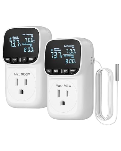 DEWENWILS Digital Temperature Controller, 2 Pack15A/1800W Thermostat Outlet Plug, VA Display Heating Cooling Control Timer, -40℉~210℉, Cyclic Timing/Countdown, for Cooling Fans and Heater - color: White, size: 2 Pack