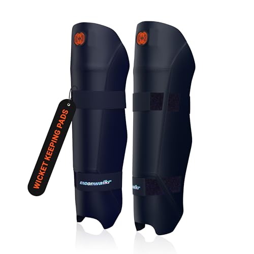 moonwalkr Cricket Wicket Keeping Shin Guards Cricket Guard for Keeper's Height (4'5" - 6'6") Wicket Keeping Pads Super Slim Gear Comes with a 3-inch Strap - color: Blue