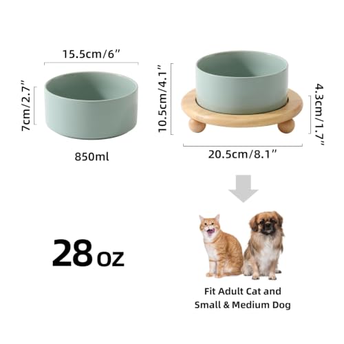 Havniva Raised Cat Bowl 6.1” Elevated Ceramic Cat Food and Water Bowl | Cat Bowls Elevated, Whisker Friendly Cat Bowl, Non-Slip Wood Stand, Food-Grade Ceramic, Wide Opening, Dishwasher Safe - color: Light Green, size: Bowl+Tray - 6.1"