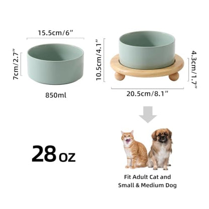Havniva Raised Cat Bowl 6.1” Elevated Ceramic Cat Food and Water Bowl | Cat Bowls Elevated, Whisker Friendly Cat Bowl, Non-Slip Wood Stand, Food-Grade Ceramic, Wide Opening, Dishwasher Safe - color: Light Green, size: Bowl+Tray - 6.1"