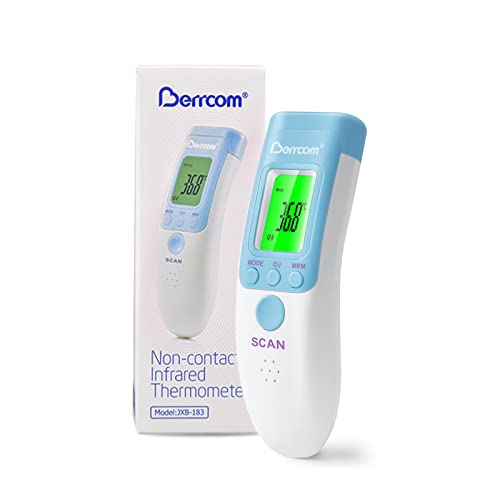 Berrcom Infrared Forehead Thermometer for Adults and Kids | Non-contact digital thermometer with fever alert, LCD, touchless for home, fast & accurate - color: Light Blue