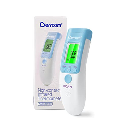 Berrcom Infrared Forehead Thermometer for Adults and Kids | Non-contact digital thermometer with fever alert, LCD, touchless for home, fast & accurate - color: Light Blue