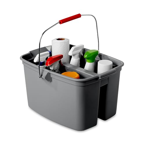 Rubbermaid Commercial Products Double Pail Plastic Bucket for Cleaning Easy to Carry 19 Quart Gray Cleaning Caddy Supplies Organizer with Handle for Bathroom/Kitchen