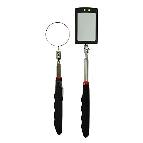Telescopic Inspection 360 Mirror Kit with Light - Rectangular & Round Extendable Mirrors, Inspection Light - 34" Extended - 2 Pack