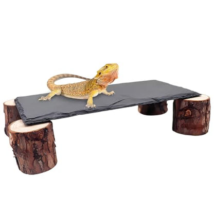 Bearded Dragon Basking Platform, Slate Rocks for Reptiles with Wooden Pile, Leopard Gecko Hides and Caves, Reptile Tank Accessories for Bearded Dragons, Geckos, Ball Pythons, Tortoise (Black, Small) - size: Small