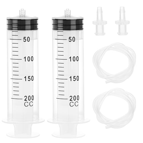 2pcs 200ml Large Plastic Syringes with 2pcs 47in Tubing and Luer Tips | Individually Sterile Packed,for Measuring,Feeding,Refilling,Watering, Filtration and Laboratory Applications without Needles