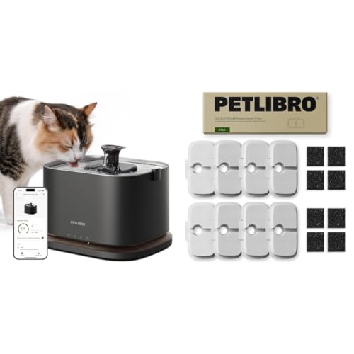 Bundle of PETLIBRO Cat Water Fountain Stainless Steel Tray, Cordless Cat Fountain Battery Operated, 3L/101oz Pet Water Fountain App Monitoring+ PETLIBRO Cat Water Fountain Filter Replacement, 8 Packs - color: Black, size: Fountain+8 Filters