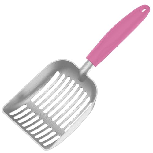 Cat Litter Scoop, Kitty Metal Scooper, Aluminum Alloy Sifter, Kitten Pooper Lifter, Deep Shovel, Long Handle, Poop Sifting, Durable, Heavy Duty, for Litter Box - color: Flat Aluminum-Pink Handle, size: Small