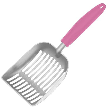 Cat Litter Scoop, Kitty Metal Scooper, Aluminum Alloy Sifter, Kitten Pooper Lifter, Deep Shovel, Long Handle, Poop Sifting, Durable, Heavy Duty, for Litter Box - color: Flat Aluminum-Pink Handle, size: Small
