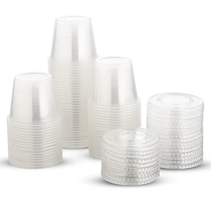 DuraHome Plastic Portion Cups with Lids 4 oz. & 5.5oz. Combo Pack of 150 Leakproof Jello Cup Mini Containers for Salad Dressing Sauce Condiment Snack Souffle and Salsa, Disposable, Interchangeable - style: 150 sets - 4oz. & 5.5oz.