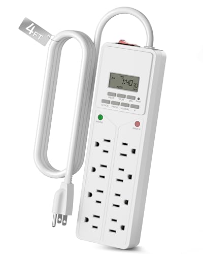 BN-LINK 8 Outlet Surge Protector with 7-Day Digital Timer (4 Outlets Timed, 4 Outlets Always On) - White | Power Strip Timer with 4 Timed & 4 Always-On Outlets, Indoor Light Timer for Aquarium, Grow Lights, Christmas Decor, 4FT Cord
