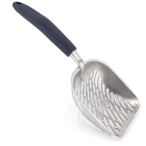 Non-Stick Metal Cat Litter Scoop with Long Handle, Solid Aluminum Alloy Deep Shovel, Kitten Pooper Lifter Scoop with Hole, Durable Kitty Litter Box Scooper Poop Sifter (Dark)
