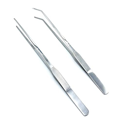 2PCS Aquarium Tweezers Stainless Steel Straight and Curved Tweezers Set Long Handle Reptile Feeding Tongs for Aquatic Plants Lizards Spider Snakes Garden Repairing - 10.6inch, Silver - color: 10.6"/Silver