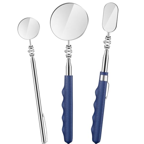 3 Pcs Telescoping Inspection Mirror,50/25/30 mm,Round,Oval,Round | Extendable Mechanic Stainless Steel Mirror with Long Handle Tool for Technicians Mechanics Contractors - size: 50/25/30 mm, style: Round,Oval,Round