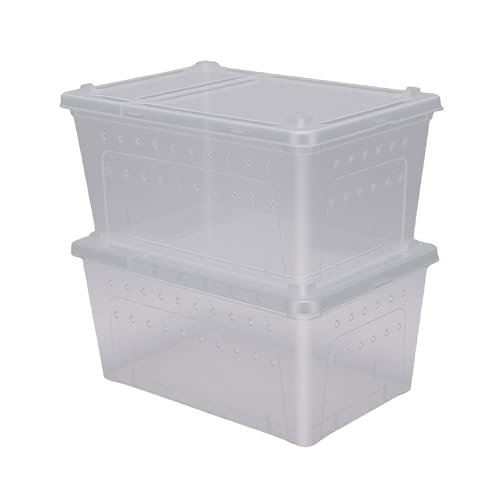 Zerodis 2Pcs Portable Reptile Feeding Box Terrariums Plastic Transport Container Reptile Breeding Enclosure with Feeding Bowl for Bearded Dragon Lizard Snake Spider Gecko 2Pcs Portable (L)