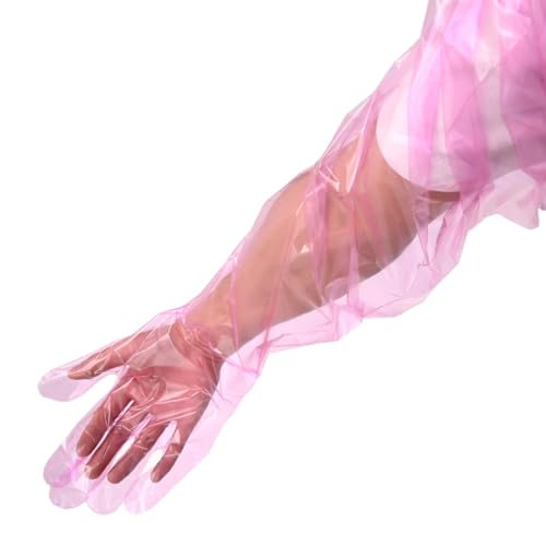 Anxingo 50Pcs Disposable Plastic Veterinary Insemination Rectal Long Arm Gloves for Field Dressing Gutting 35 inch Length - color: Red