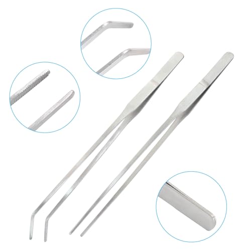 2PCS Stainless Steel Reptile Feeding Tongs | Long Tweezers, Aquarium Terrarium Feeder Tools, For Reptiles, Lizards, Snakes, Straight and Curved