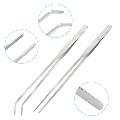 2PCS Stainless Steel Reptile Feeding Tongs | Long Tweezers, Aquarium Terrarium Feeder Tools, For Reptiles, Lizards, Snakes, Straight and Curved