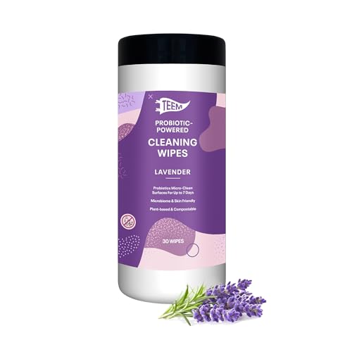 TEEM Probiotic Cleaning Wipes, Natural & Compostable, Lavender - 30 Count | Microcleans Surfaces, Multi Surface Wipe, Home Compostable, Biodegradable, Enzyme Cleaner, Gym Wipe - size: 30 Count (Pack of 1)