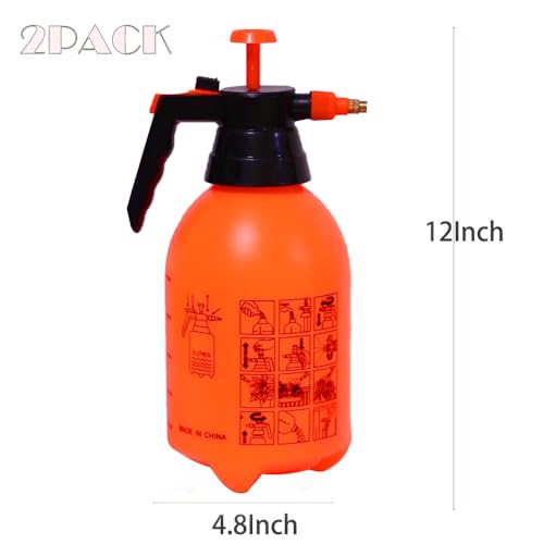 1/2 Gallon Handheld Pump Sprayer, 2 Pack Garden Pressure Sprayer with Adjustable Brass Nozzle, Multi-Purpose 75 Oz Water Spray Bottle Ideal for Watering, Fertilizing, Cleaning (Orange-2L)
