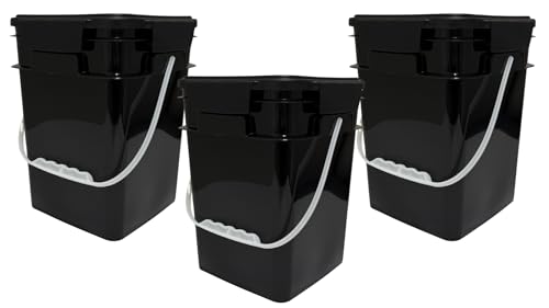 4 Gallon Square Food Grade Bucket Pail with Plastic Handles and Lid (Pack of 3) Made in USA containers (Black) - color: Black