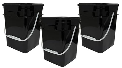 4 Gallon Square Food Grade Bucket Pail with Plastic Handles and Lid (Pack of 3) Made in USA containers (Black) - color: Black