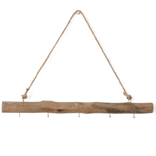 15-Inch Driftwood Wall Hanging Jewelry Hanger - Rustic Wood Logs Hanging Branch Decor with 5 Hooks, Handcrafted from Natural Drift Wood Pieces for Crafts (Rustic)