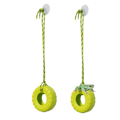 2 PCS Tree Frog Toy Tire Swing Habitat Miniature with 2 Suction Cup Hook Frog Tank Accessories Terrarium Decor Climbing Swing Reptile Amphibian Crustacean Climbing Toy