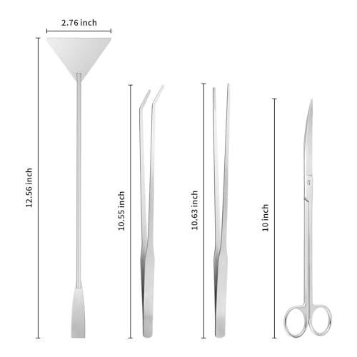 Ohtomber 4PCS Aquascape Tool Aquarium Kit with Tweezers Scissors Scraper | Rustproof Stianless Steel, Long Handle, For Trimming Scraping Reptile Feeding, Fit Aquariums Terrariums, Tank Maintenance Set