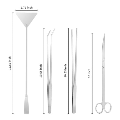Ohtomber 4PCS Aquascape Tool Aquarium Kit with Tweezers Scissors Scraper | Rustproof Stianless Steel, Long Handle, For Trimming Scraping Reptile Feeding, Fit Aquariums Terrariums, Tank Maintenance Set
