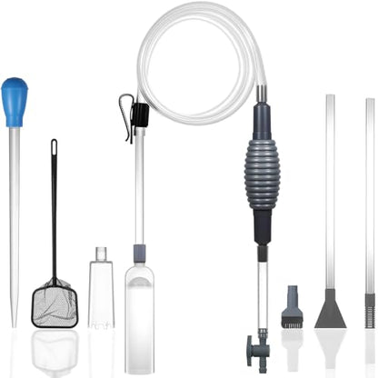 Aquarium Siphon Vacuum Kit with Turkey Baster, Fish Net for Tank Cleaning | Dual Vacuum Tubes; Brush Head; Gravel & Sand Cleaning; Water Change; Debris Removal; Flow Control Valve