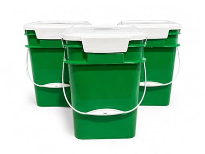 4 Gallon Square Food Grade Bucket Pail with Plastic Handles and Lid (Pack of 3) Made in USA containers (Green - White lids) - color: Green - White Lids