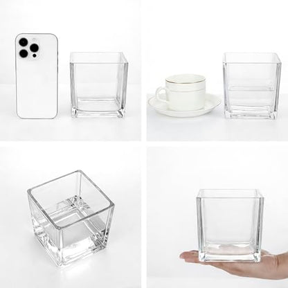 6 Pack Square Glass Vases 4" x 4" x 4", Clear Flower Vase | Candle Holder for Centerpieces, Wedding Party Home Decor - size: 4inch