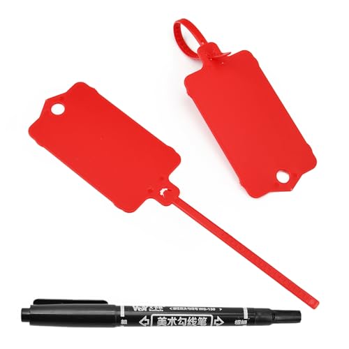 100pcs Blank Plastic Tags for Labeling Reusable Hanging Tags Ties Key Tag Storage Labels Waterproof Plastic Mark Label Writable Hang Sign with One Marker Pen (Red) - color: Red, size: 100 PCS