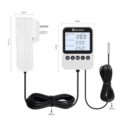 KETOTEK Digital Thermostat Timer Plug Outlet – Auto Day/Night Temperature Controller, Temp Switch 120V Backlit LCD for Reptile Terrarium & Greenhouse, 3 Modes Selectable, 3m Sensor Probe