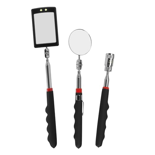 Inspection Mirror telescoping Flexible 360 with Light Swivel for Extra Viewing，Round Mechanic Mirror on a Stick，Magnetic Picker with LED Light Tool Set