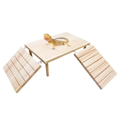 Bearded Dragon Basking Platform, Wooden Reptile Cave Hideout with Climbing Ramp, Aquariums & Terrariums Accessories for Small Animals Leopard Geckos Lizards Turtles Hamsters Hermit Crabs Guinea Pig - color: Wood