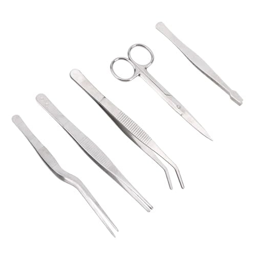 5pcs Plant Tweezers and Scissors, Long Stainless Steel Garden Bend Tongs Set with Straight Curved Flat Point Tip Multiple-Use Gardening Tools for Bonsai Reptile Feeding Kitchen Use