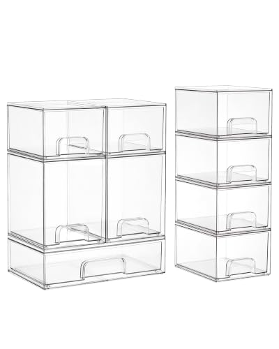 Vtopmart Stackable Storage Drawers Set of 9, Clear Plastic Organizer Bins for Baby Bottle, Beauty Supplies Storage, Ideal for Kichen Countertop, Vanity, Bathroom, Cabinet, Pantry Organization - style: 6 Small+2 High+1 Wide